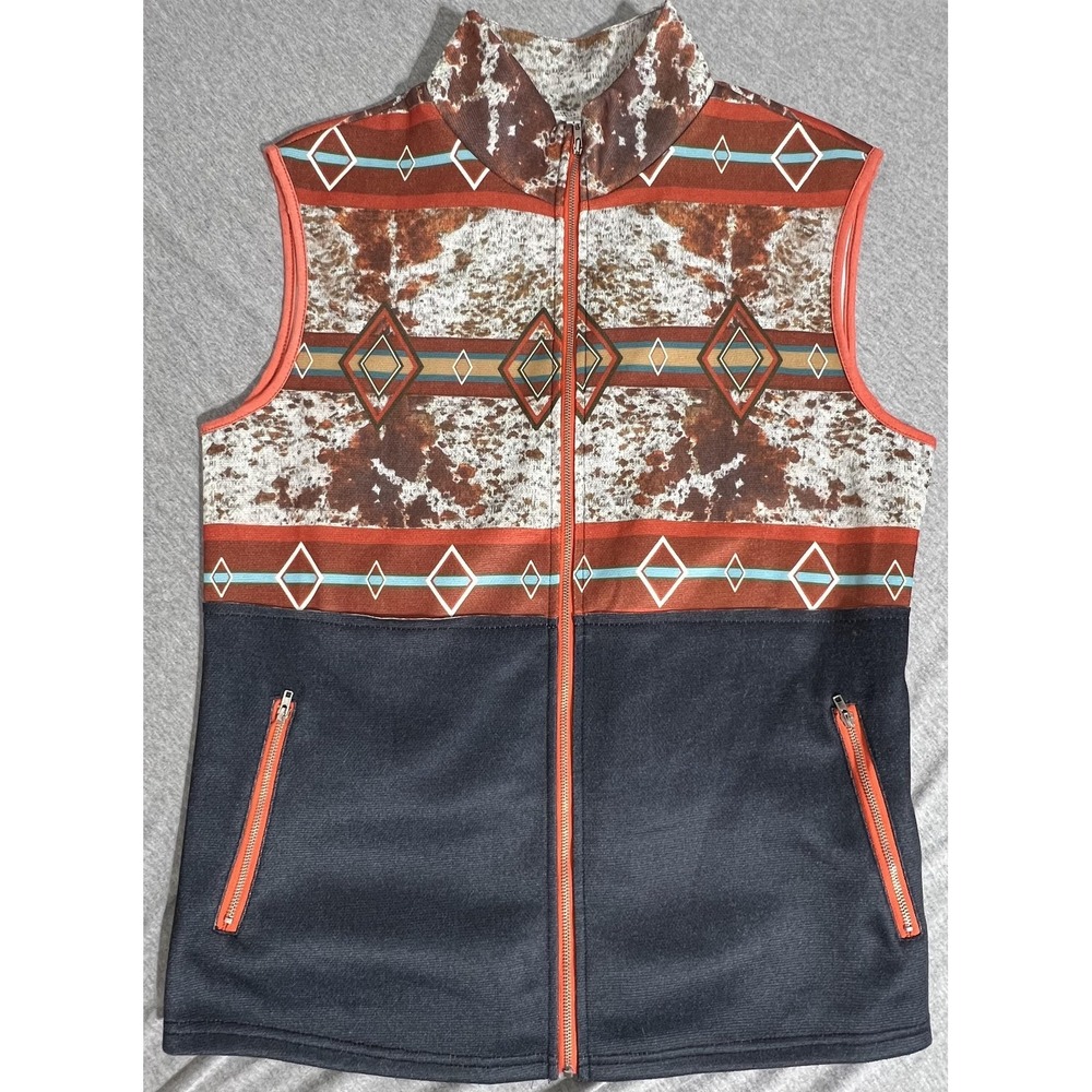 Southwestern Aztec Vest Womens Large Brown Black Full Zip Pockets Fleece Western